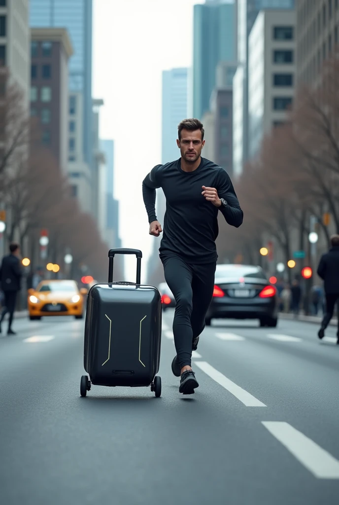  Person who is running on City road and a smart travel bag which follows behind him  without his assistance 
