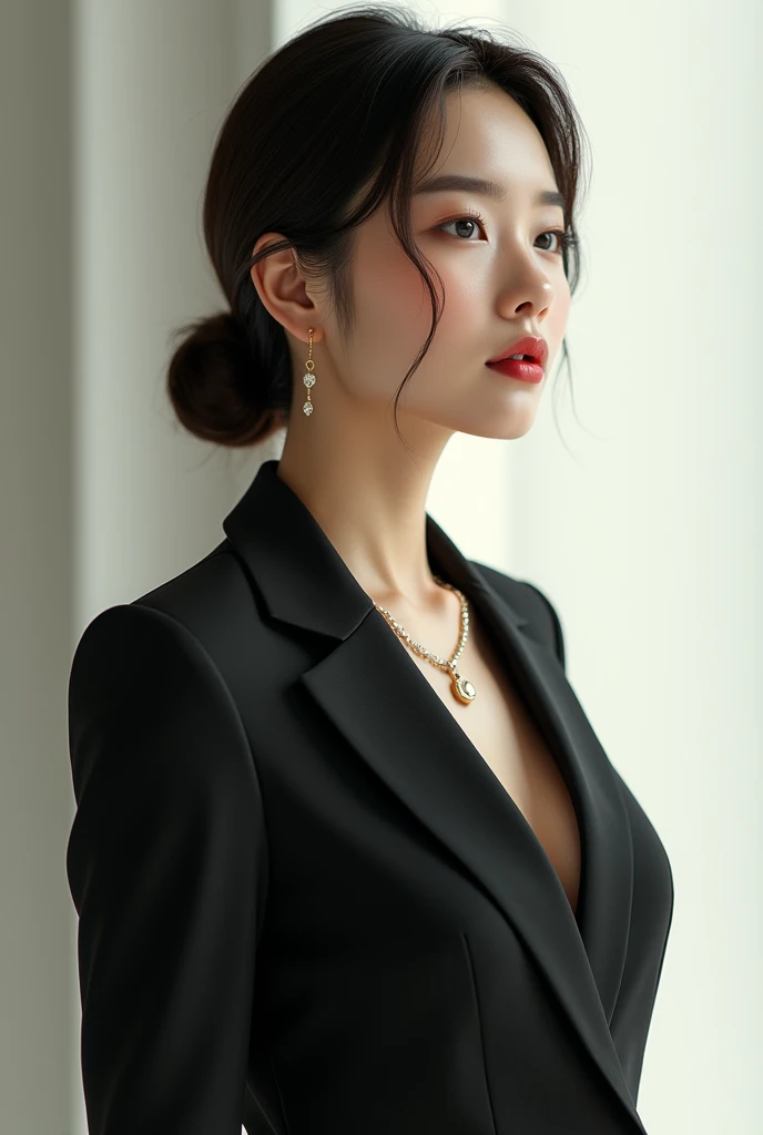 Korean woman, Chanel hair, dressed in a suit