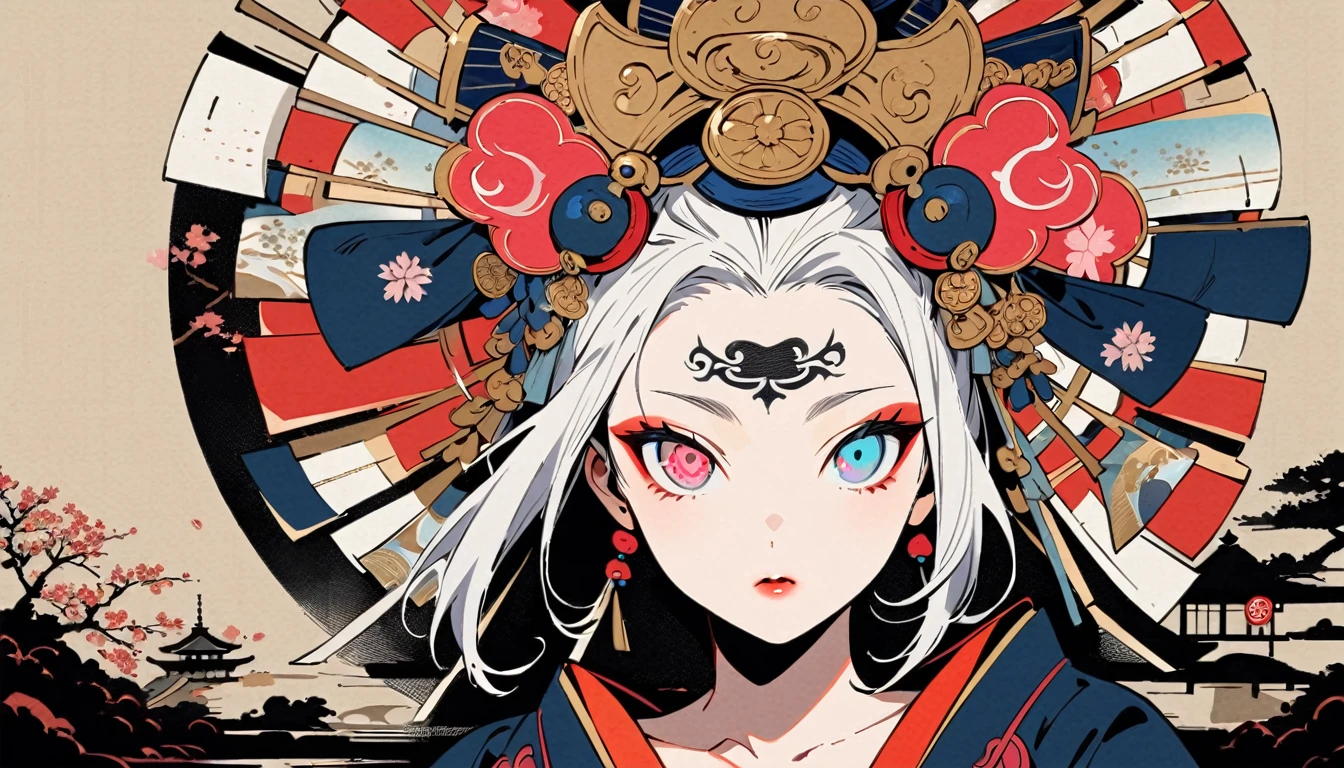 Ink painting, (((1 girl))), (((Tattoo in the middle of the forehead))),(((In the background is the Akatsuki moon))), (((Oiran))), (((Great hair accessories))), Japanese style headphones, Demon possession, (((Sakura tree color eyes with engraving inside))),Face up close, Japanese beauty, White hair, Sensitive and precise, Modern Ukiyo-e style