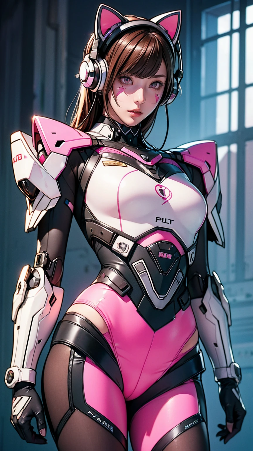 masterpiece, Highest quality, High resolution, One girl, Super High resolution, alone, Mecha Pilot, is.and, Headphones, Pink Eyes, Blue tights, Brown Hair, White gloves, Cat face decoration,
