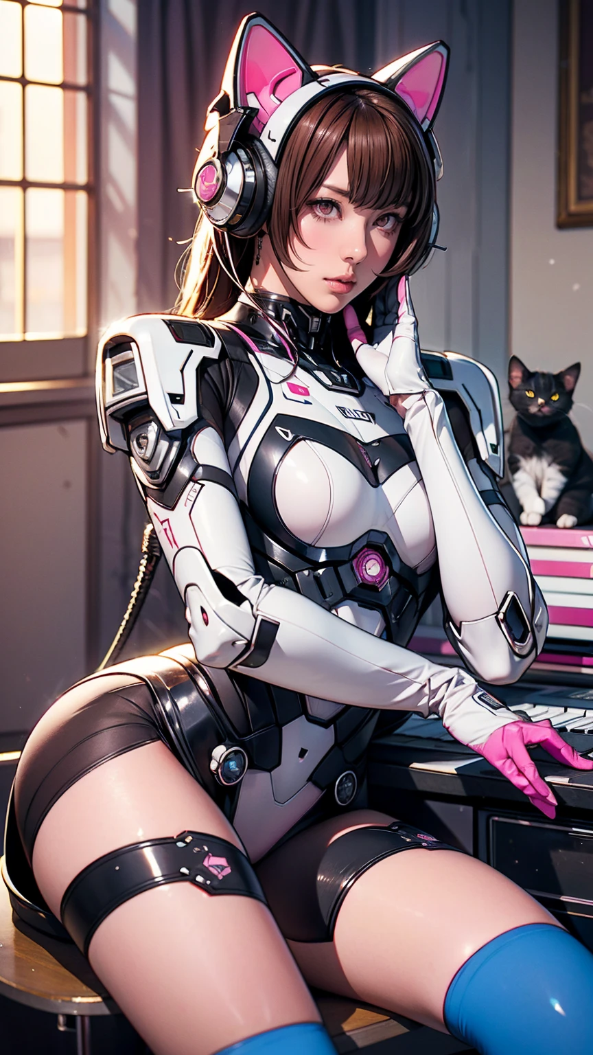 masterpiece, Highest quality, High resolution, One girl, Super High resolution, alone, Mecha Pilot, is.and, Headphones, Pink Eyes, Blue tights, Brown Hair, White gloves, Cat face decoration,