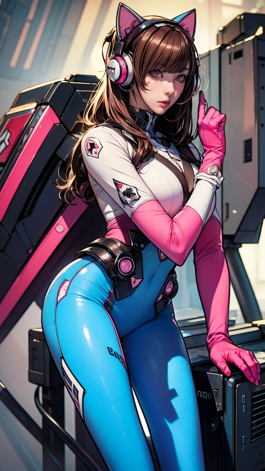masterpiece, Highest quality, High resolution, One girl, Super High resolution, alone, Mecha Pilot, is.and, Headphones, Pink Eyes, Blue tights, Brown Hair, White gloves, Cat face decoration,