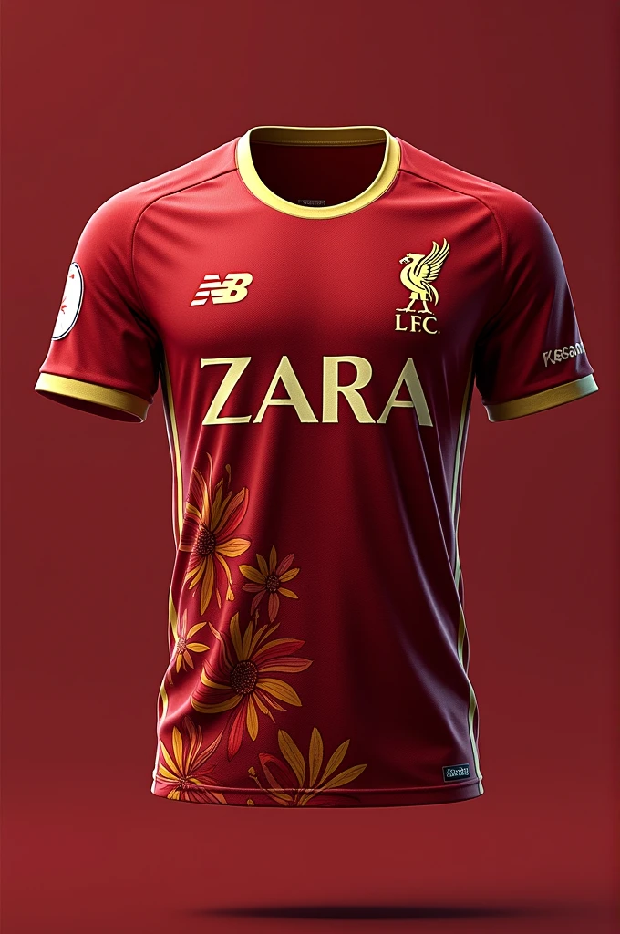 The liverpool team uniform is red and gold in color and has a flower design and the middle of the jersey has zara written as a sponsor