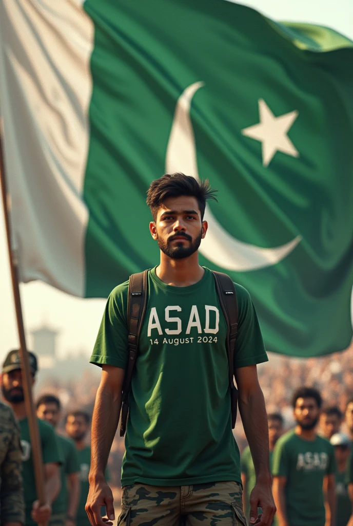 Happy Independence Day 14 August 2024 is written on big flag of Pakistan and a 40-year-old boy is standing in front of him wearing Army T-shirt, with name "ASAD" written on t shirt, and holding the Pakistani flag in his hand, 3D art painting realistic high quality photo