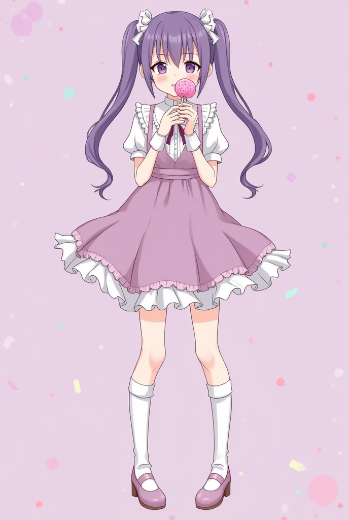 1girl in, Pastel muted colors, (The color palette is purple :1.2, violet :1.2, ), For example, donut, sprinkle, candy, lollipop, candy cane, a cake, cupcake, Cake Pop, Ruffles and lace, macaron, Twin-tailed pigtails