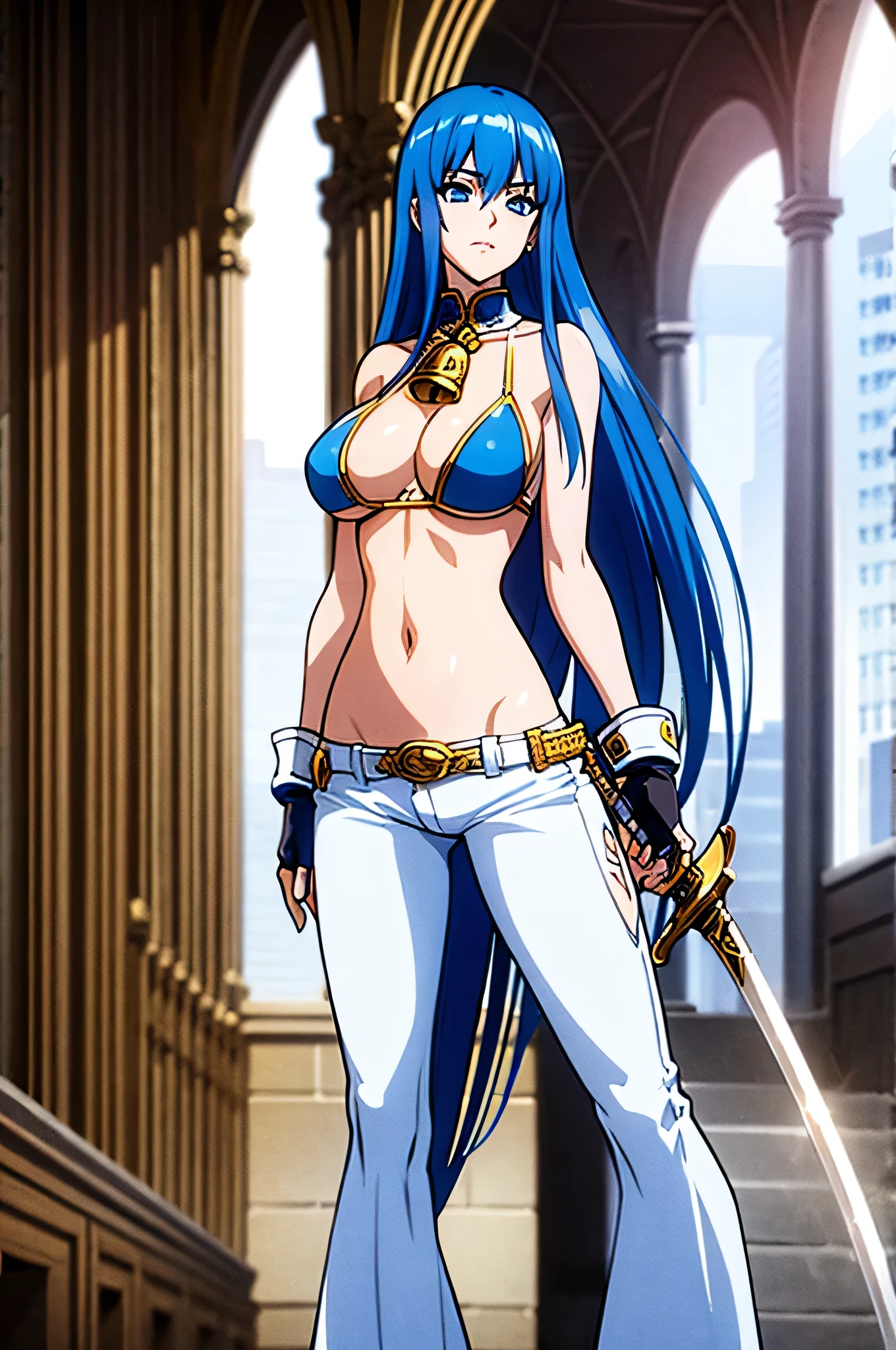long blue hair, bikini, white flared pants, fingerless gloves, bell-bottoms, blue eyes, sword, city