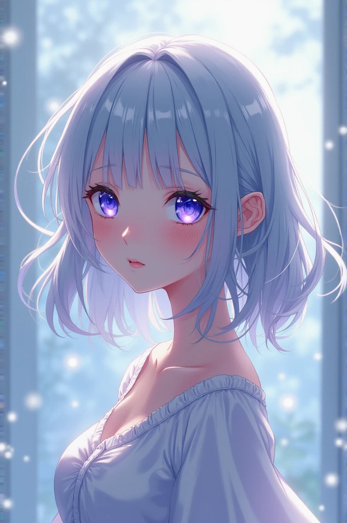 Cute anime girl with calm and cool personality with blue color mix, silver and purple