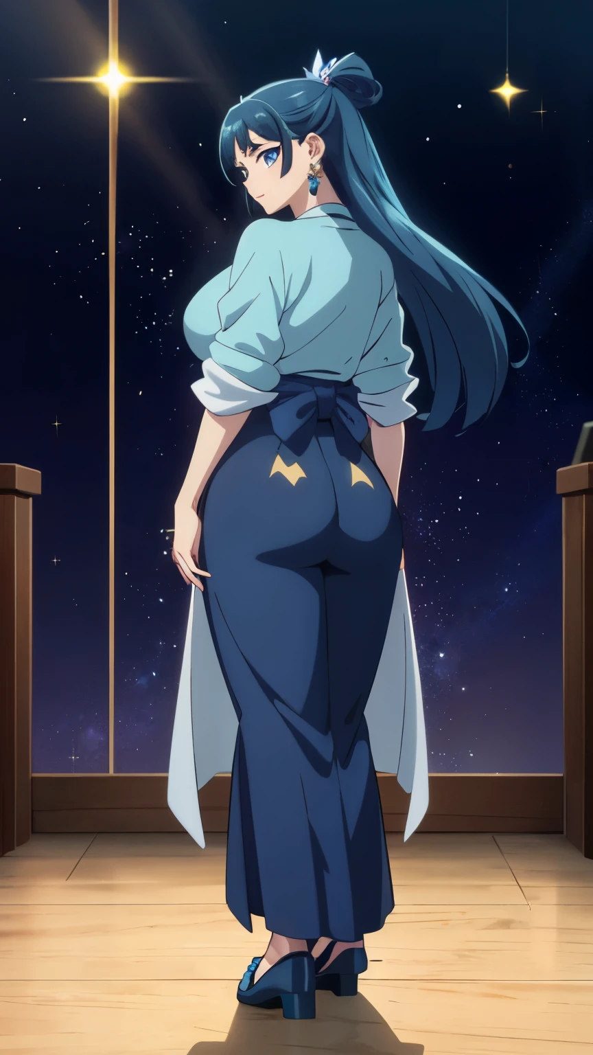 Top quality (8k, high resolution, masterpiece: 1.2), ((Goddess of beauty)), Full body hakama, super detailed, anime art style, perfect hips, breedable ass, thicc ass, dynamic angle, photo from behind, teen style, (full body Hakama), Perfect ass, detailed hair, detailed blue eyes, intricate hairstyle, long hair , slim body, sparkling eyes, youthful, hair accessories, earrings, detailed lighting, bright colors, looking at the viewer, in the center of the image, cowboy shot, ((FOCUS ON ASS))