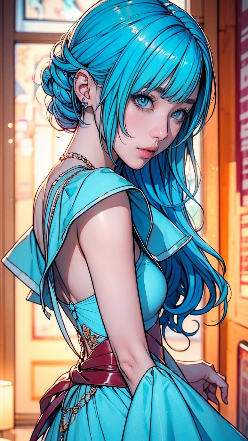 (masterpiece, top quality, best quality, official art, beautiful and aesthetic:1.2), young (1girl:1.3), hair, long hair, (colorful eyes:1.3), extremely detailed, colorful, (highly detailed CG illustration), (looking at viewer), cinematic light, solo, half body, (character focus), ),, extravagant makeup, full lips, sexy pose, clothes ASIDE , used condoms, partially naked, shiny skin, seraphine1, blue ponytail