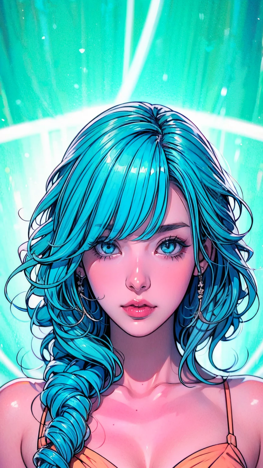 Light blue hair, Turquoise Eyes, Long eyelashes, Big Red Lips, Apricot-colored eyes, beauty, Girlish, Curly Hair, Princess