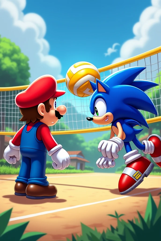 Super Mario beating Sonic at volleyball