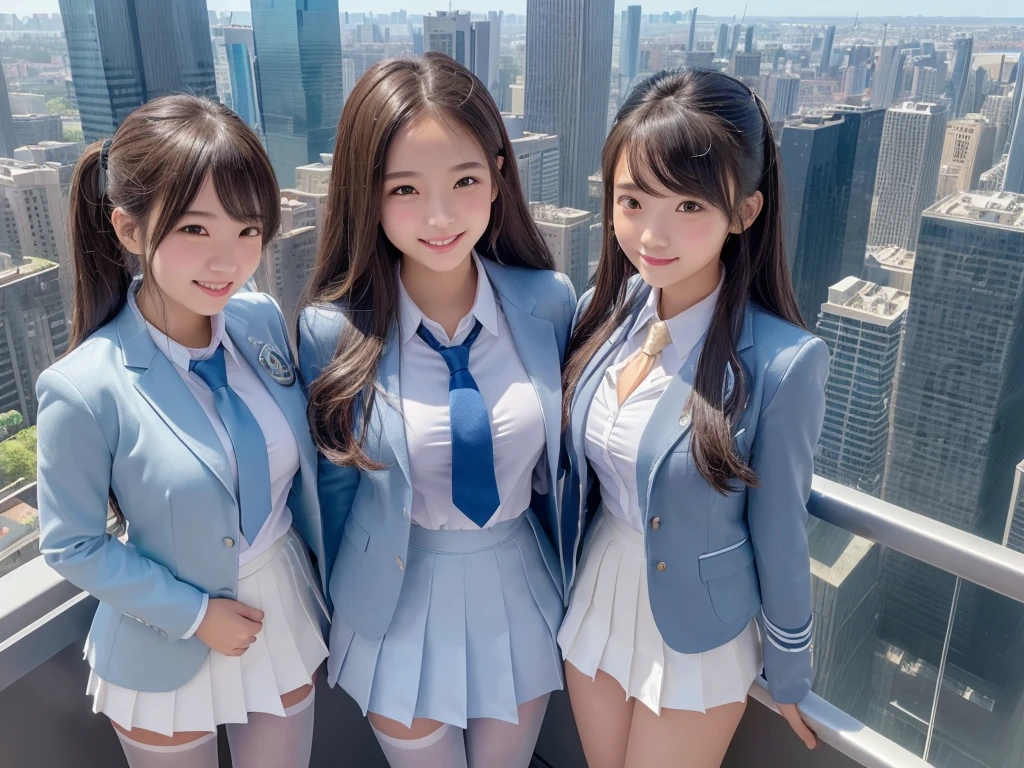 8k, (((Super Giant Girl Art))), Realistic, Ultra HD, ((one girl clones)), one girl is cloning, ((6+girls:1.2)), Big Breasts, Very detailed depiction, (Light blue blazer, Grey tie, Blue mini skirt, White Pantyhose), (Extremely detailed depiction, The giant high school girl is 100 times taller than a skyscraper, Miniature metropolis, crash micro city, ((1000m class high school girl)), 2+girls, Full body description), Translucent skin texture, Beautiful Skin, Semi-long hair, Beautiful 16 year old girl, Cute Smile, ((high Top view))