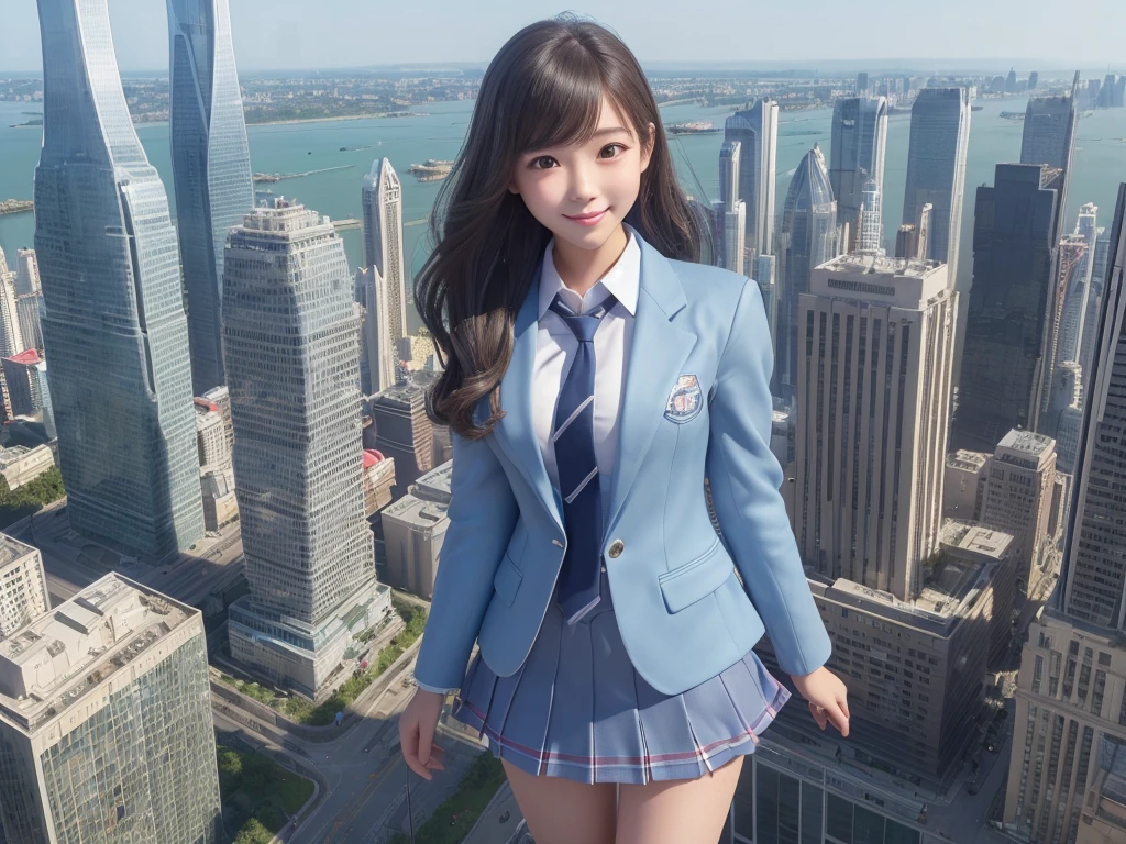 8k, (((Super Giant Girl Art))), Realistic, Ultra HD, ((one girl clones)), one girl is cloning, ((6+girls:1.2)), Big Breasts, Very detailed depiction, (Light blue blazer, Grey tie, Blue mini skirt, White Pantyhose), (Extremely detailed depiction, The giant high school girl is 100 times taller than a skyscraper, Miniature metropolis, crash micro city, ((1000m class high school girl)), 2+girls, Full body description), Translucent skin texture, Beautiful Skin, Semi-long hair, Beautiful 16 year old girl, Cute Smile, ((high Top view))