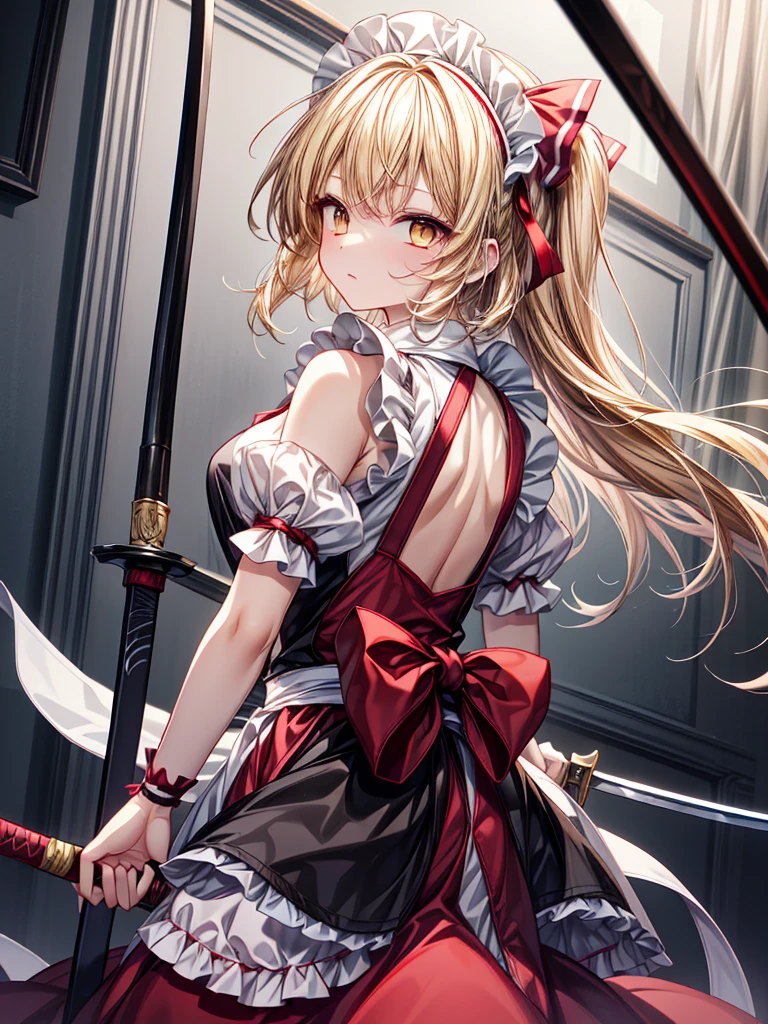 1girl,{{{{yumeko (Touhou)}}}}, yellow eyes, blonde hair, long hair, red dress, maid, maid apron, maid headdress, black ribbon, puffy short sleeves, back bow, sword, holding sword, dual wielding((Hair that hangs down to the shoulders)),((Dream World)),((masterpiece))