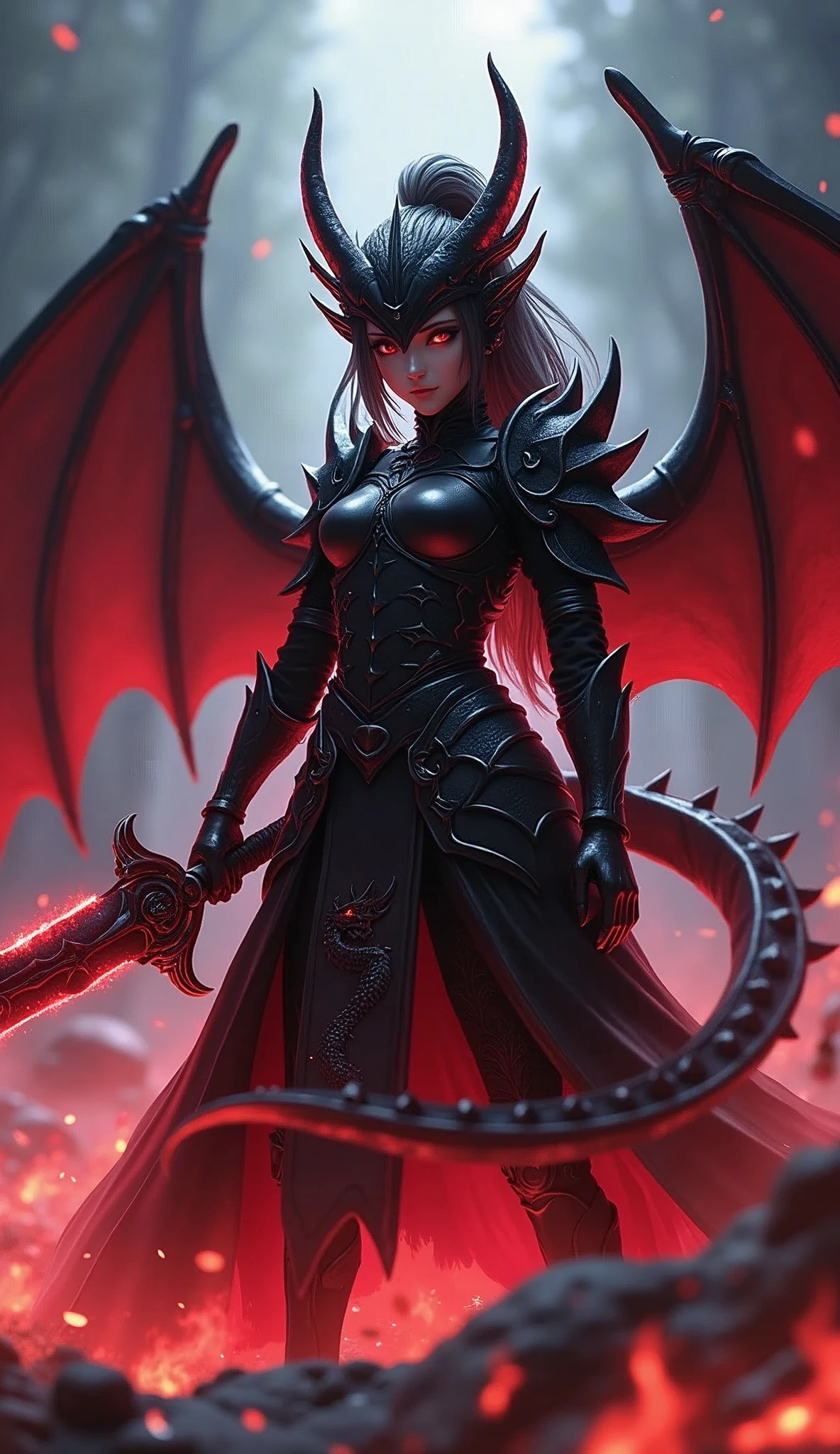 Anime Girl,Pitch-black armor,dragon shaped helmet,A two-handed giant sword with a dragon carving is stuck in the ground in front of you,He holds a huge two-handed sword with a dragon carved on it.,whole body,Panoramic lens,The folded devil wings wrap around his body,The body is surrounded by red lightning and flames,Glowing eyes,Unbelievably long hair,High Ponytail,(Two-handed greatsword blade focus:1.5),From below,Extreme focus angle,from the side,Looking at the audience,Motion Blur,Background blur,