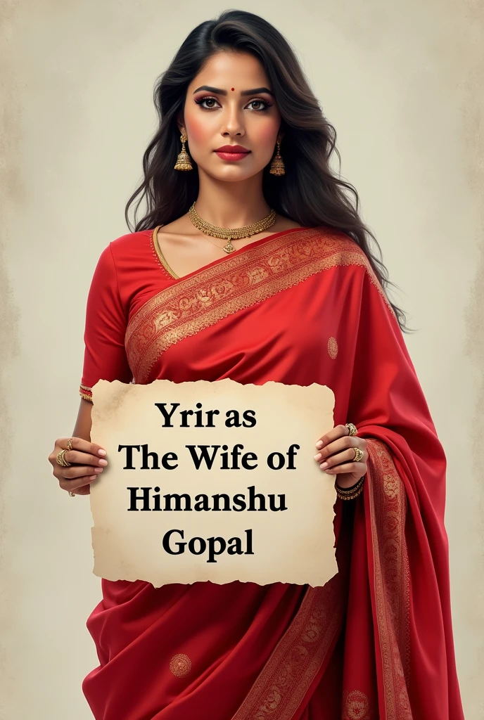Woman wearing red saree holding a board saying wife of Himanshu gopal
