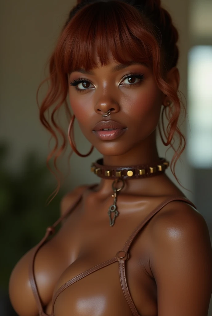 african woman, young, naked, ginger bangs, septum piercing, dimples, thick belt around neck, naughty expression, light brown shiny latex bodysuit, close-up, UHD, retina, masterpiece, accurate, anatomically correct, textured skin, super detail, high details, high quality, award winning, best quality, highres
