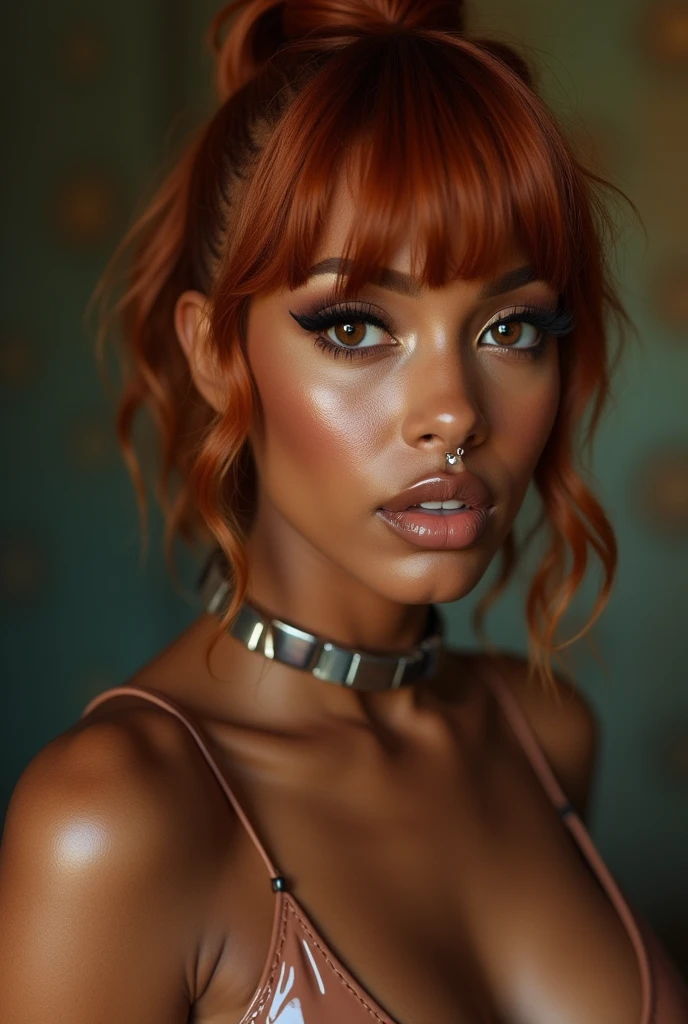 african woman, young, naked, ginger bangs, septum piercing, dimples, thick belt around neck, naughty expression, light brown shiny latex bodysuit, close-up, UHD, retina, masterpiece, accurate, anatomically correct, textured skin, super detail, high details, high quality, award winning, best quality, highres
