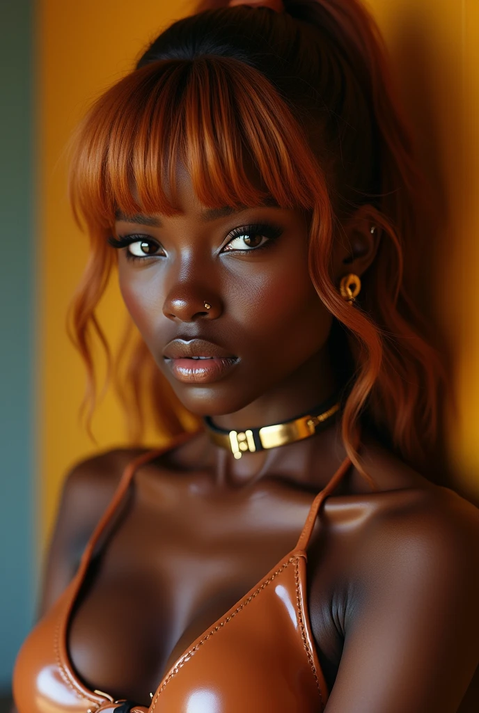african woman, young, naked, ginger bangs, septum piercing, dimples, thick belt around neck, naughty expression, light brown shiny latex bodysuit, close-up, UHD, retina, masterpiece, accurate, anatomically correct, textured skin, super detail, high details, high quality, award winning, best quality, highres
