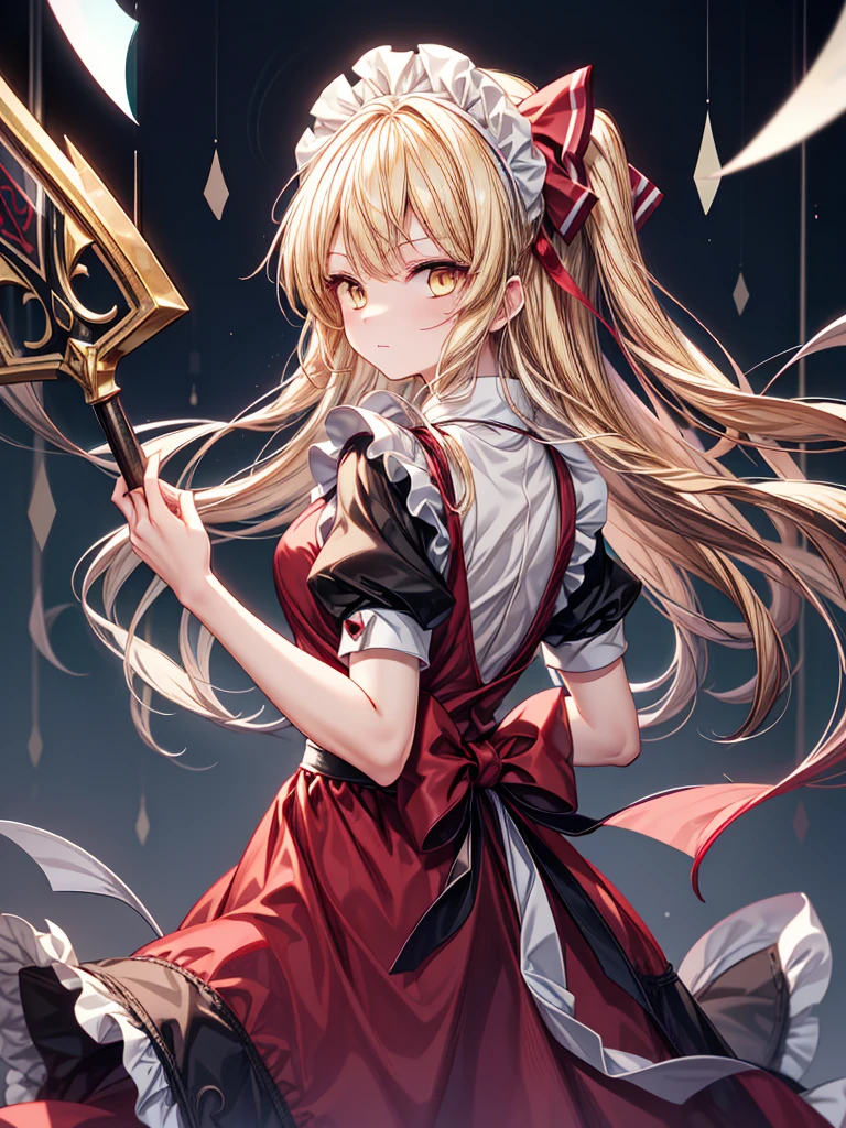1girl,{{{{yumeko (Touhou)}}}}, yellow eyes, blonde hair, long hair, red dress, maid, maid apron, maid headdress, black ribbon, puffy short sleeves, back bow, sword, holding sword, dual wielding((Long Hair)),((Dream World)),((masterpiece))