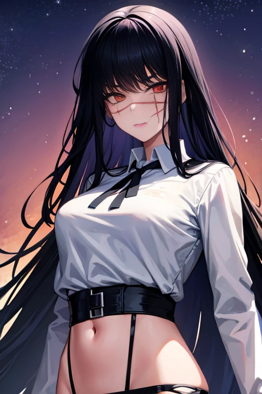 (night Mitaka)、uniform、(Big scar on face).Cool Beauty、Long black hair、Triumphant Face、skinny、From the waist up、(night)、(Red eyes).chainsaw man、(YoruMitaka)