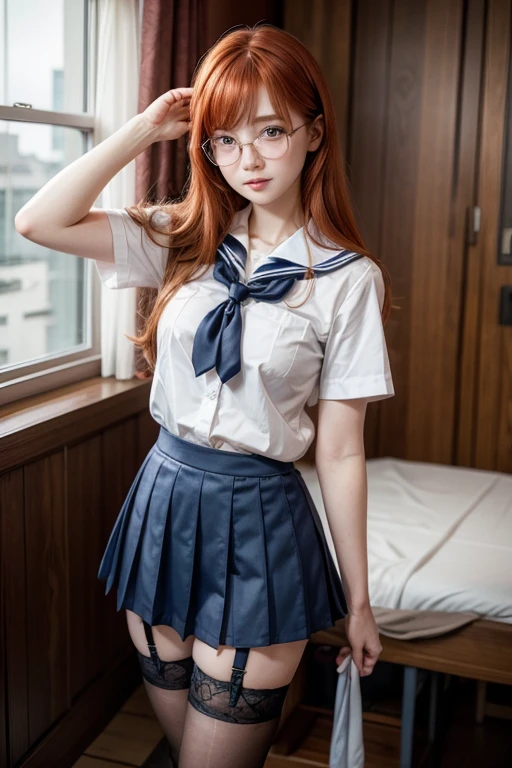 A shy redhead girl with glasses using sailor school uniform with short skirt and garter belt