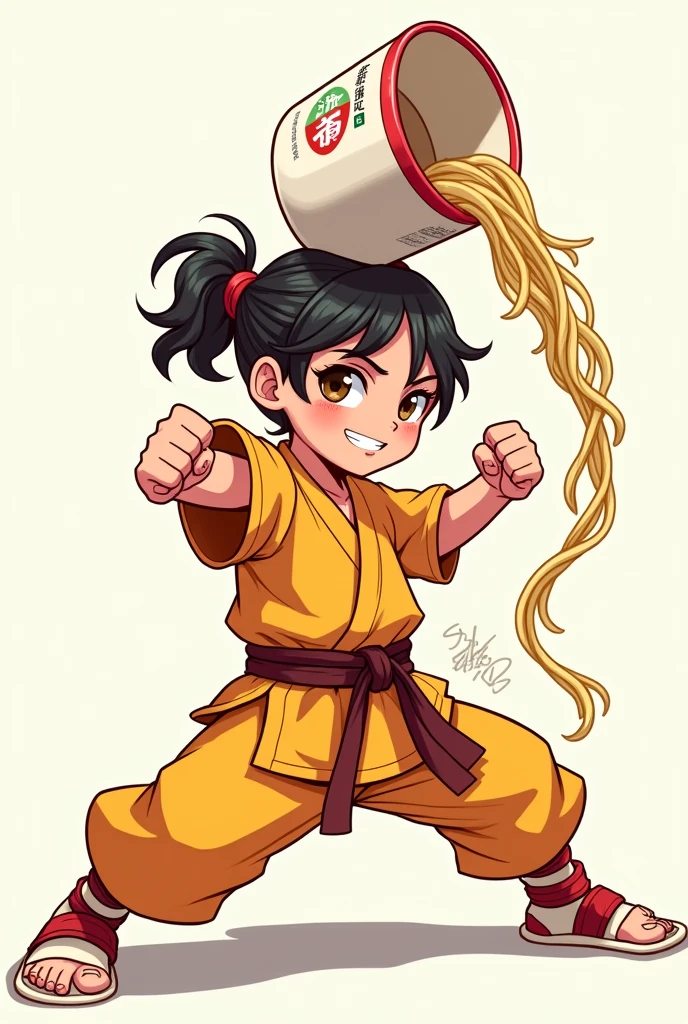 An illustration of a character with an upside-down, overflowing cup of noodles on his head striking a fighting pose。Gender: Girl