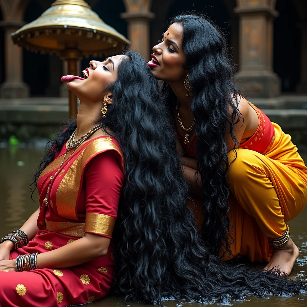 (Best Quality),(High resolution),(8k),(Masterpiece),indian kali temple,two mature indian ladies in sarees,black curly hairs,like rapunzel noodles,Flooded with 100 liters of oil over thier hair,hairs like oil pulp,hairlines are all together till the end,kneeled,bend over and hands on the ground,one lady kissing head scalp from behind  keeping tongue out(show me your tongue out, long tongue:1.2),((perfect color grading))