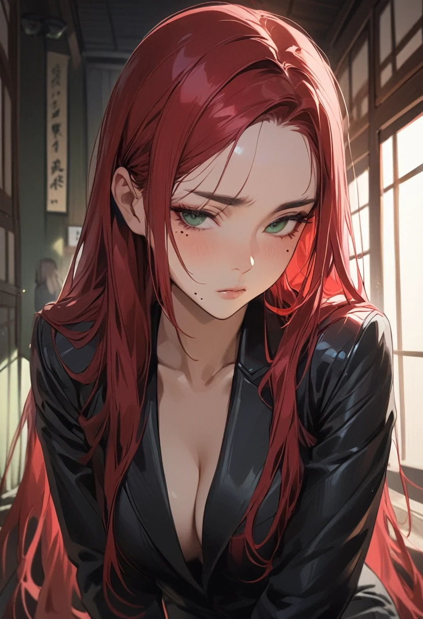 ((best quality)), ((masterpiece)), (detailed), 1girl, dark cherry red hair, long hair, no bangs, dark blue eyes with grey and green tint inside, girl is facing the camera and looks bored. Mole under left eye and one under her right side chin. Mole. Mole under left eye. Mole on her chin. Semi realism. Japanese girl. Wearing a black spy suit full body, no gloves