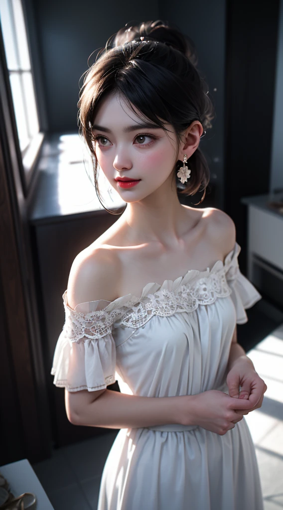 Beautiful girl, high-precision illustrations, monochrome tone effects, chic and sophisticated impression, focus blur envelops her softly, overhead shot composition, pixel-perfect drawing, edge detection, clear expression of details, high-key contrast, tint effect, monochrome world, unique charm, red lip, off-shoulder, open chest, small breasts, bust shot, backlight, cinematic lights, retro, white dress, plain dress, earrings, silver accessories, short bob, long eyelashes