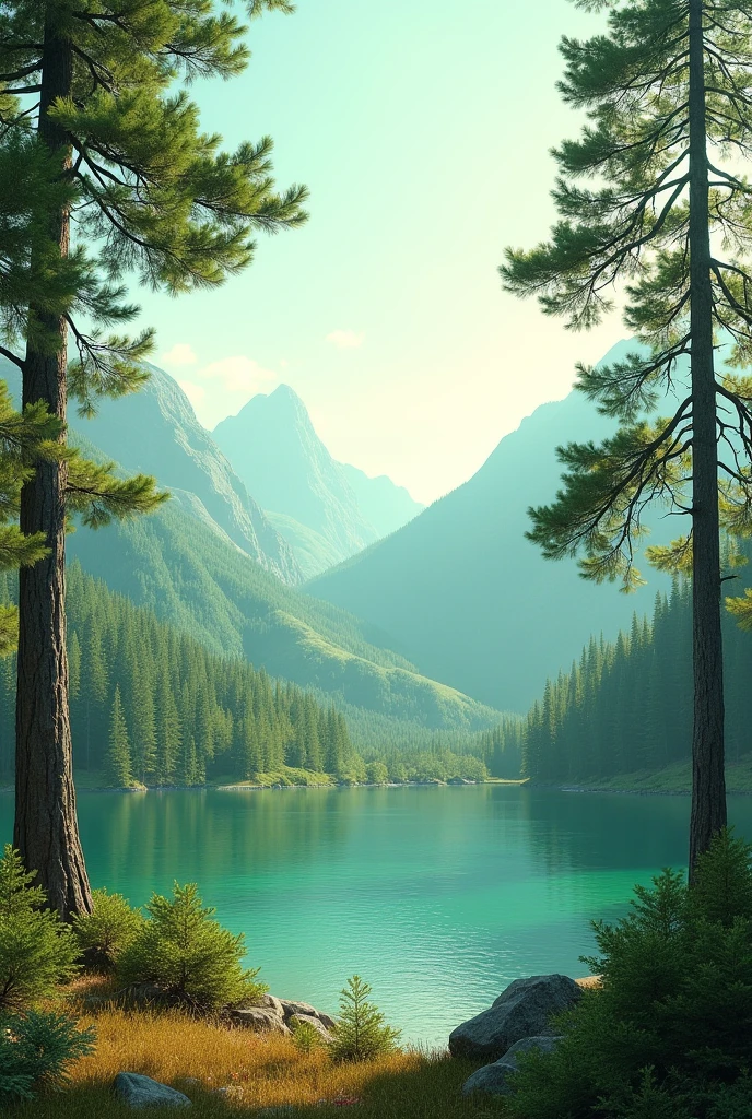 Draw a picture of a pine forest, green mountains, and a warm lake.