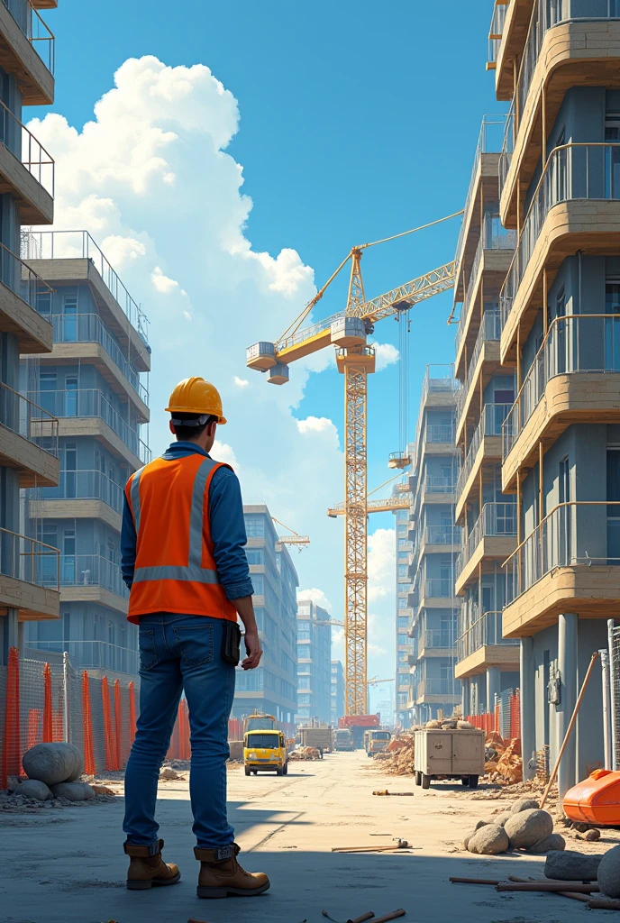 Draw an illustration of someone monitoring a commercial housing project high quality