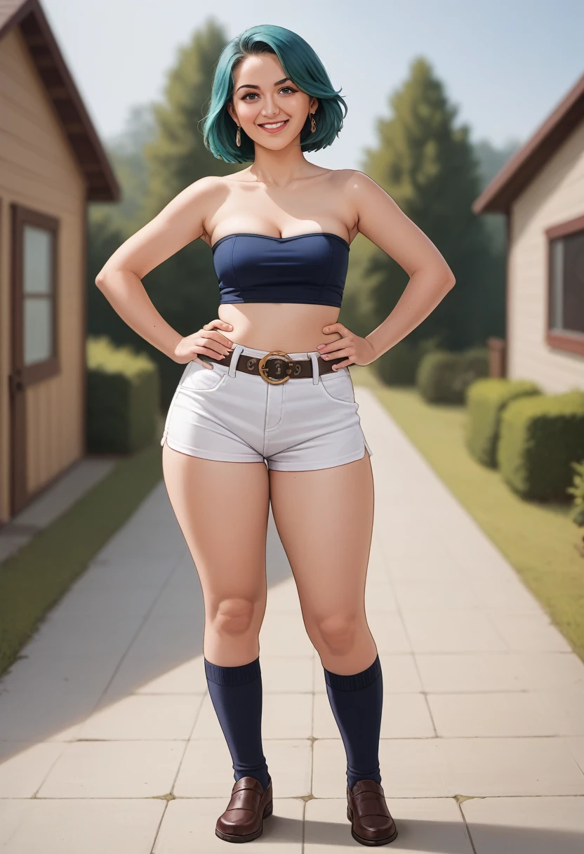 A portrait woman with a turquoise hair in a strapless dark blue top, a white shorts with a belt, and brown shoes with dark blue socks under it, the house background, smile, natural breast; hands on hips; thick thighs; blurry background; sharp focus; highly detailed; professional shot