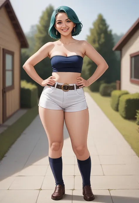 a portrait woman with a turquoise hair in a strapless dark blue top, a white shorts with a belt, and brown shoes with dark blue ...