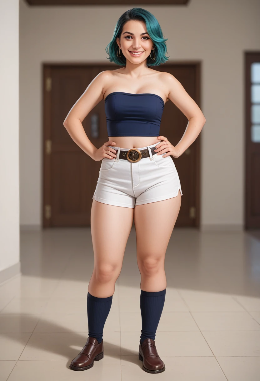 A portrait woman with a turquoise hair in a strapless dark blue top, a white shorts with a belt, and brown shoes with dark blue socks under it, the house background, smile, natural breast; hands on hips; thick thighs; blurry background; sharp focus; highly detailed; professional shot