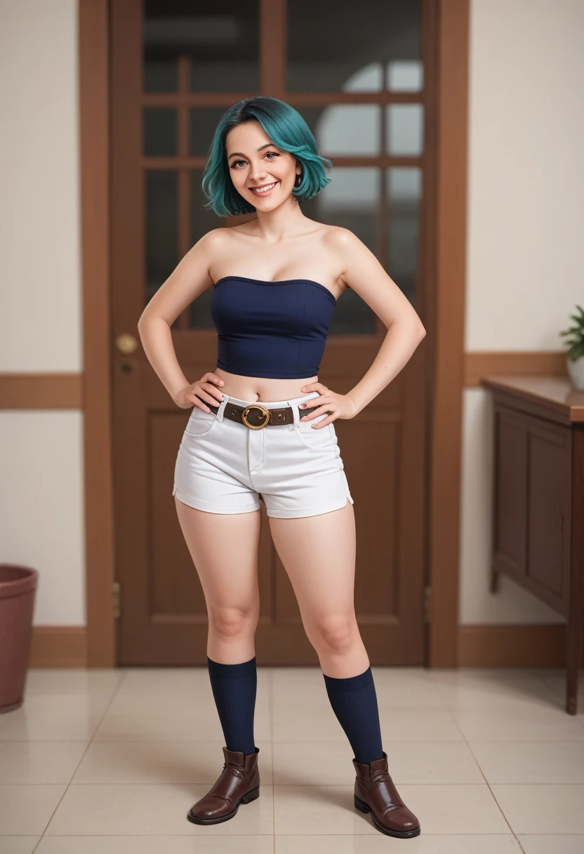 A portrait woman with a turquoise hair in a strapless dark blue top, a white shorts with a belt, and brown shoes with dark blue socks under it, the house background, smile, natural breast; hands on hips; thick thighs; blurry background; sharp focus; highly detailed; professional shot