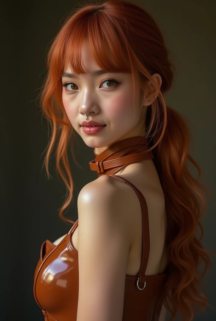 indonesian woman, young, naked, ginger bangs, septum piercing, dimples, thick belt around neck, naughty expression, light brown shiny latex bodysuit, close-up, UHD, retina, masterpiece, accurate, anatomically correct, textured skin, super detail, high details, high quality, award winning, best quality, highres
