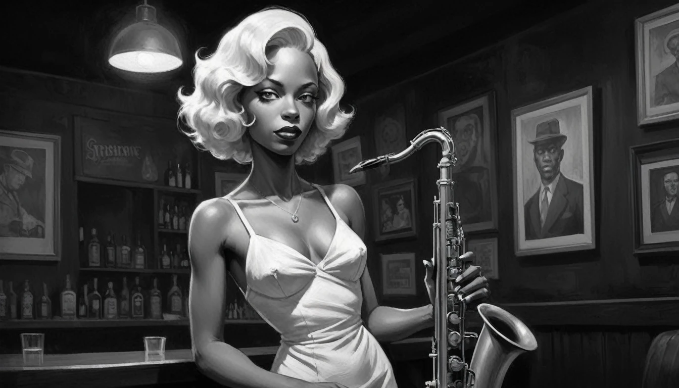 robert johnson, gritty, alabama bar, blue note, charismatic, illustration, bw, noir fantasy, lone blonde lady, saxophonist