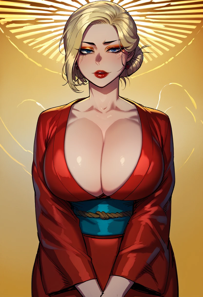 score_9, score_8_up, score_7_up, score_6_up, score_5_up, score_4_up, BREAK 1girl, ((muscular body:1)), intricate, kimono, (eyeliner:1.2), looking at viewer, bob hairstyle, blonde, jewelry, detailed background,huge breasts (masterpiece, high quality:1), 2.5D, Realistic 
