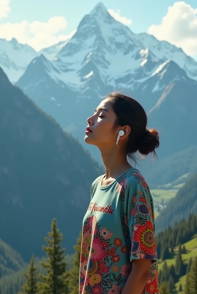 A natural girl standing on top of the mountain wearing a printed shirt title Meri Kainantu with earphones 