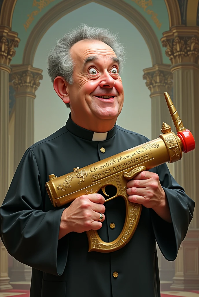 a man priest holding holy funny water toy gun, in a wacky face