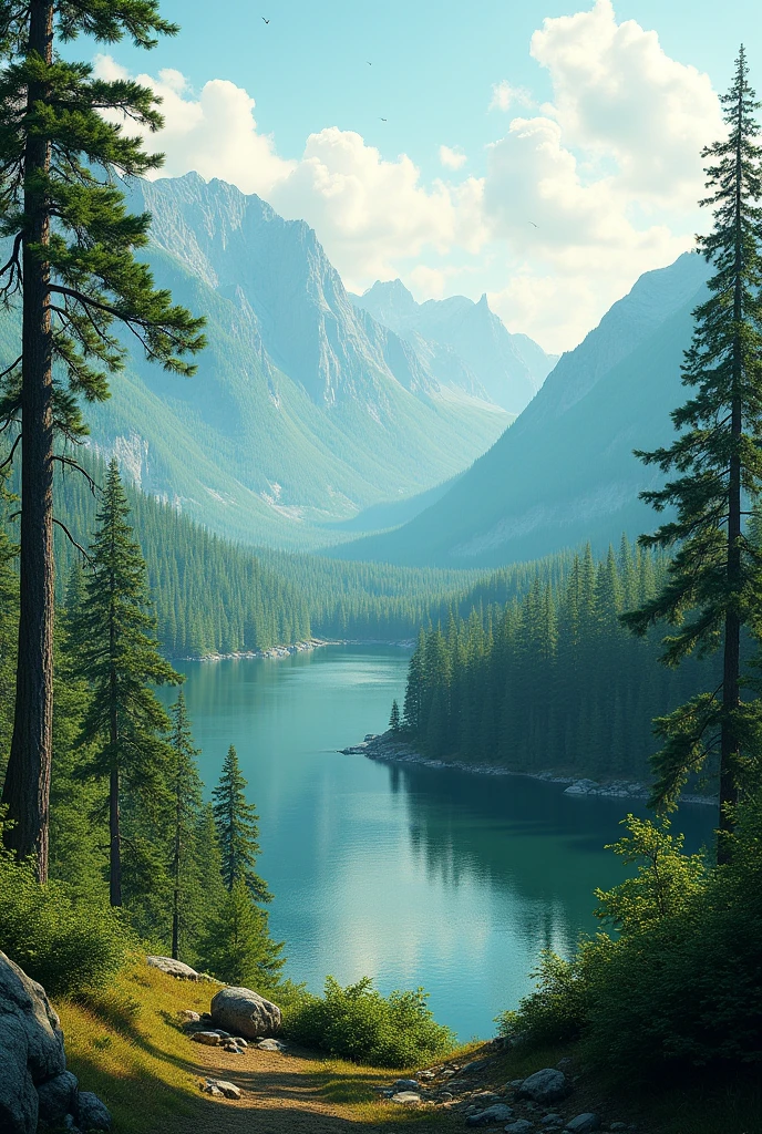 Draw a pine forest, green mountains, warm lakes, landscape.