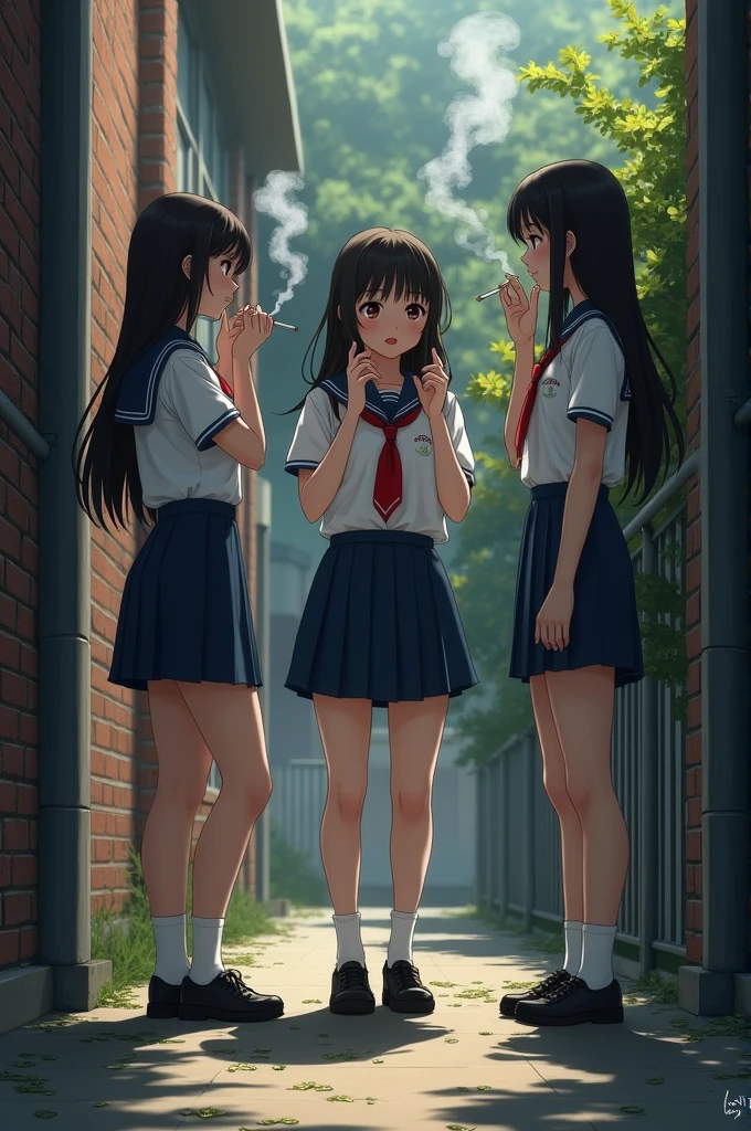 Three students girl smoking in school