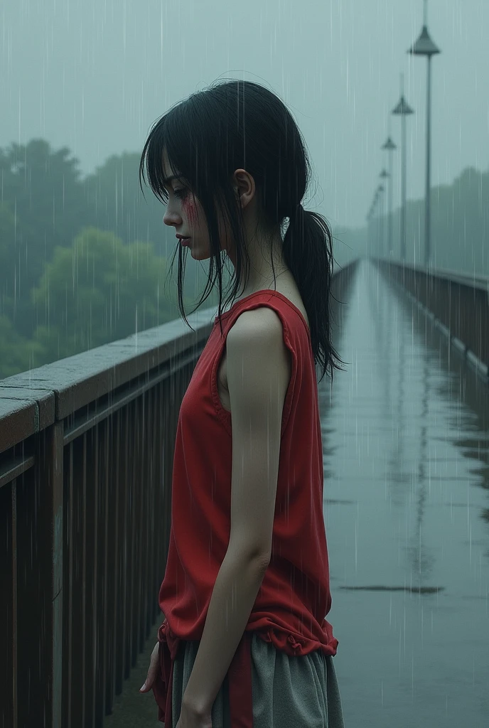 I guess it was a rainy day, I was crying, I was shaking, I was hesitating, i was standing on the Bridge ledge trying to jump off the bridge that's when I meet him. He was crossing the bridge.
Add red and white colour
Girl is the one who is jumping