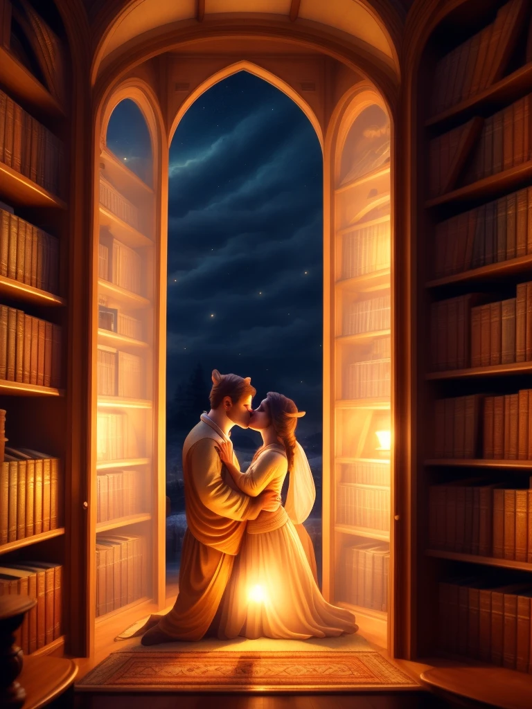 In a cozy, dimly lit library with shelves of books, a couple shares a loving kiss. The warm glow from the reading lamps and the night view visible through the windows add to the intimate and serene atmosphere. 4K resolution.