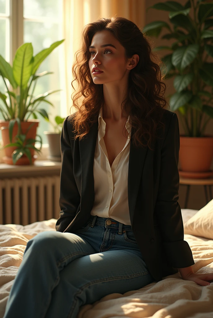 (photorealism:1.2), beautiful woman, sitting on bed, blazzer, long pants jeans, long curly hair, indoors, soft lighting, plants in background, window with sunlight, cozy room, relaxed pose, realistic, intricate details, warm colors, by Greg Rutkowski, by Alphonse Mucha