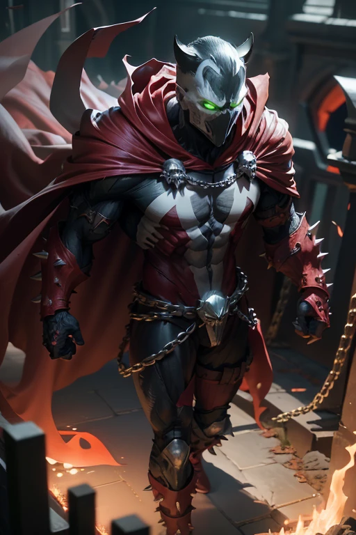 pixar style, focus on eyes, spawn2023, long red collar, red cowl, red cape, chains, skulls, glowing green eyes, textured suit, red gauntlets, spikes, dramatic lighting, 8k, muscular, uhd, best quality, award winning photo, rtx on, unreal engine 5, absurdres, long cape, large red boot, large gauntlet, flowing cape, asymmetrical red Armor,  mask, night, dramatic lighting, epic red cape, wide shoulders, spike shoulders, silver chain, cgi, flying pose