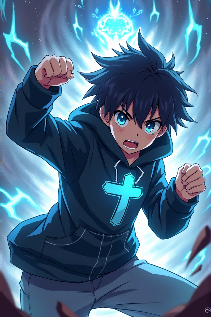A anime boy with black hoodie and a light blue cross on his chest fights Akaza from demon slayer
