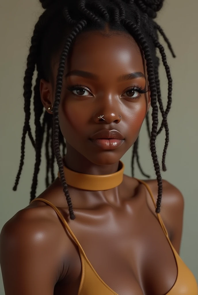 african woman, young, naked, dreadlocks, septum piercing, dimples, thick belt around neck, naughty expression, light brown shiny latex bodysuit, close-up, UHD, retina, masterpiece, accurate, anatomically correct, textured skin, super detail, high details, high quality, award winning, best quality, highres
