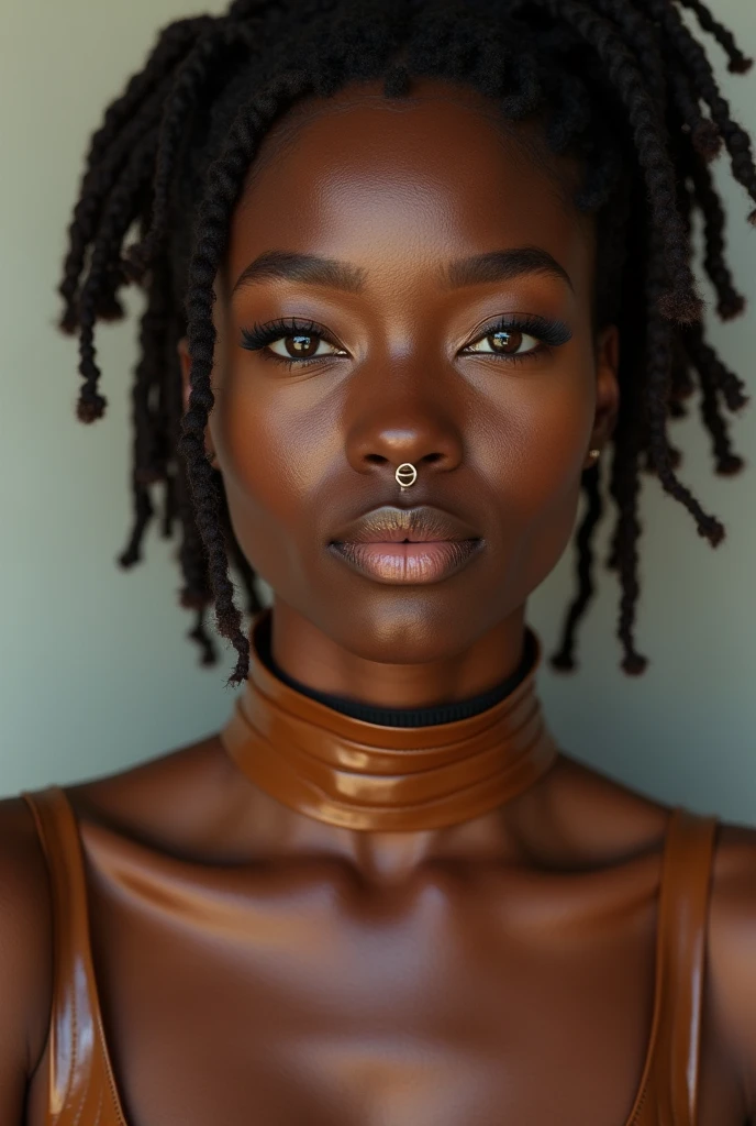 african woman, young, naked, dreadlocks, septum piercing, dimples, thick belt around neck, naughty expression, light brown shiny latex bodysuit, close-up, UHD, retina, masterpiece, accurate, anatomically correct, textured skin, super detail, high details, high quality, award winning, best quality, highres